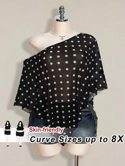 SHEIN CURVE+ Áo khoác ngoài cỡ lớn dành cho nữ, kiểu dáng retro thanh lịch, gợi cảm, thời trang nghỉ dưỡng bãi biển hiện đại phong cách Y2K, tối giản, đen trắng chấm bi, chất liệu lưới xuyên thấu, trễ vai, vạt áo bất đối xứng.