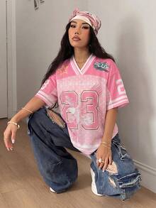 Coolane 女款春夏Y2K街頭風復古透氣網眼圖案數字印花足球T恤 - 粉色 - 查看 4