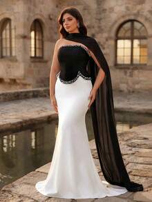 Aureia Vestido de noche elegante de talla grande con bloques de color negro y blanco, tela elástica, sin tirantes, con adorno de cuentas y corte de sirena, con capa de gasa para invitada de boda, dama de honor, baile de graduación y ocasiones formales - Blanco y Negro - Ver 4