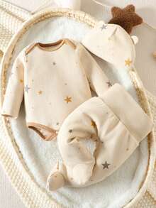 Baby Girl Star Print Contrast Binding Sleep Bodysuit & Footed Pants - Apricot - View 1