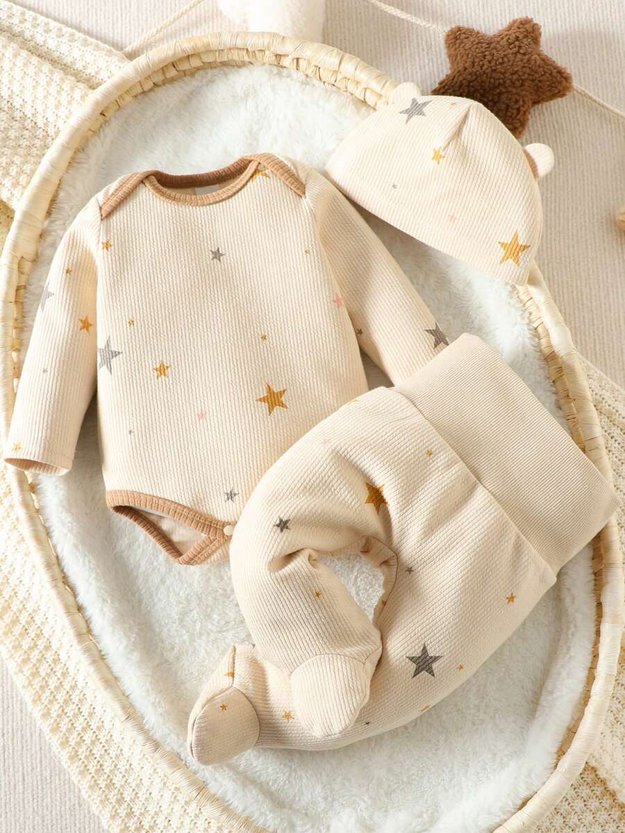 Baby Girl Star Print Contrast Binding Sleep Bodysuit & Footed Pants - Apricot - View 1