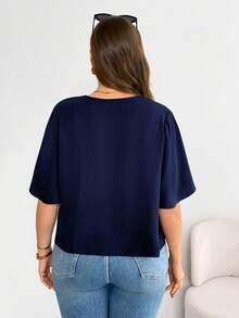 Basic Black Short-Sleeved Cardigan, Versatile And Comfortable For Everyday Wear, Plus Size Women's Casual Fashion, Summer Coats, Going-Out Blouses, Office Wear, Vacation Wear - 藏蓝色 - 查看 2