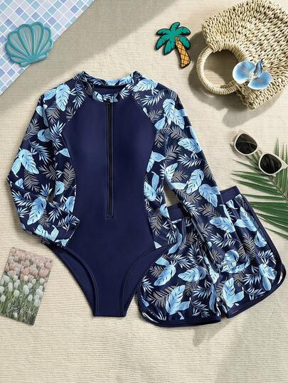 SHEIN Tween Girls Tropical Print One-Piece Swimsuit With Shorts Set