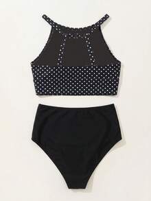 Swim Lushoire 女款夏季海灘波點印花掛脖時尚分體式比基尼泳衣套裝 - 黑與白 - 查看 4