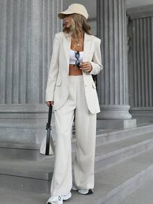 Aveloria Modichic 2pcs Women's Mid-Length Waist Fitted Blazer And Flare Leg Pants Suit  Fall Cloth For Women - Beige - View 6