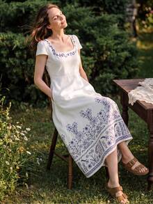 SHEIN Essnce 女士优雅印花长裙，夏季 - 白色 - 查看 5