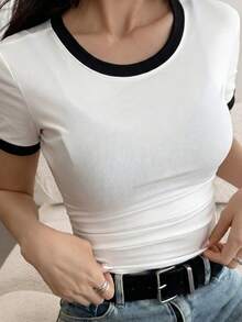 DAZY 女士撞色滚边圆领休闲短袖T恤，夏季 - 白色 - 查看 3
