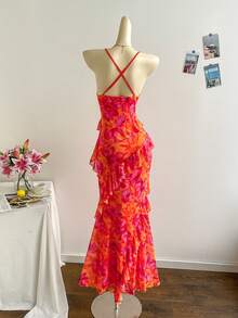 Soleia Đầm nữ in họa tiết hoa cổ điển nhiều màu sắc, cổ xếp ly, gấu đầm bồng bềnh, kiểu dáng đi nghỉ mát. - trái cam - Xem 2