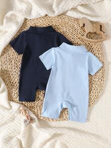 SHEIN 2-Piece Set For Baby Boys: Blue And Navy Blue Collared, Button-Down, Short-Sleeve Embroidered Romper-Cute, Casual, Fashionable, And Simple. Perfect For Summer Outings. New Arrival. - Blue - View 3