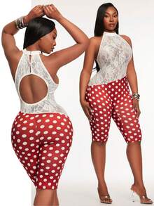 SHEIN SXY Jumpsuit Halter Seksi Motif Polkadot Renda untuk Wanita Ukuran Plus - MultiWarna - View 9
