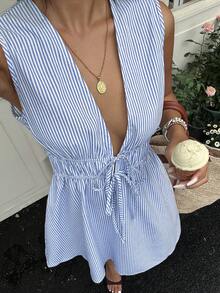 Serisse Women's Sexy Blue And White Stripe Print Deep V-Neck Tie Front Sleeveless Short Dress, Suitable For Beach Vacation, Vacation Summer - Multicolor - View 3