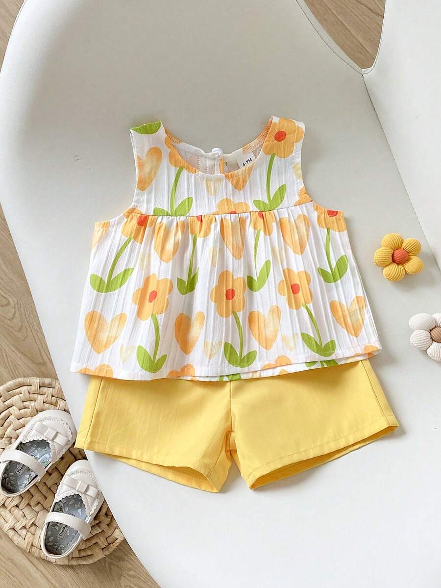 SHEIN Playful Pals 女童两件套夏季圆领无袖上衣搭配红色短裤。清新红白撞色,梭织面料,宽松版型。风格甜美、优雅、田园风,通体印有樱桃图案,活泼可爱。适合日常外出、上下学、参加派对、生日聚会、度假旅行等场合。 - 黃色 - 查看 1