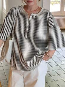 Dazy Plus 波浪下摆条纹宽松撞色滚边短袖T恤，女士夏季服装，大码女士春夏休闲装 - 杏色 - 查看 5