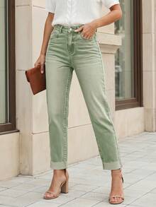 SHEIN LUNE Pantaloni di jeans con chiusura lampo e tasche, versatili, per donne taglie forti - Verde - Visualizzare 1