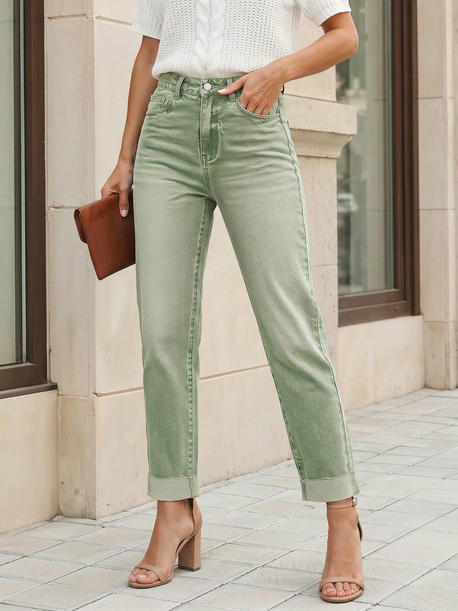 SHEIN LUNE Pantaloni di jeans con chiusura lampo e tasche, versatili, per donne taglie forti - Verde - Visualizzare 1