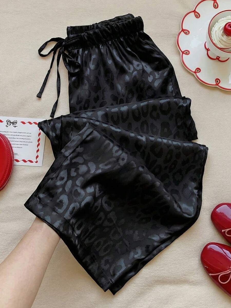 Comfortcana Quần dài cỡ lớn thoải mái bằng vải satin in họa tiết da báo cổ điển, có dây rút, thích hợp mặc ở nhà. - màu đen - Xem 1