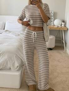 SHEIN EZwear 女士圆领条纹上衣搭配抽绳腰长裤休闲套装 - 卡其色 - 查看 8