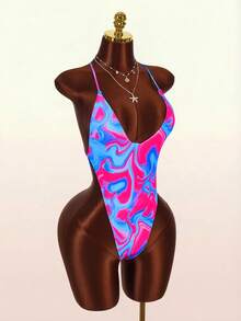 Amplova Maillot de bain une pièce à col en V et dos nu imprimé pour femmes, sexy et avant-gardiste, convient pour les vacances, mini maillot de bain mignon, teinture tie-dye couleur vive - Multicolore - Voir 7