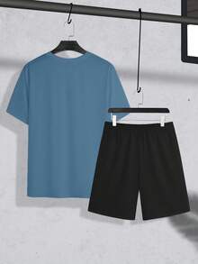 Manfinity Homme Men's Plus Size Casual Round Neck Short Sleeve T-Shirt & Shorts Set, Versatile For Summer, Holiday - Multicolor - View 3