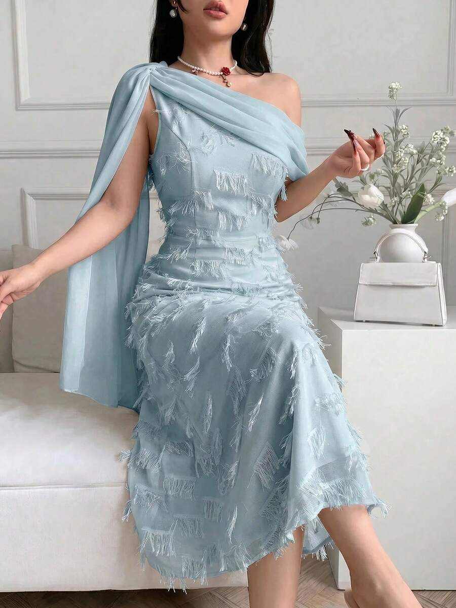 Feyla 女士时尚优雅不对称肩部中长连衣裙 - 藍色 - 查看 1