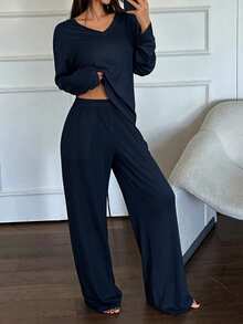 DAZY Minimalist Solid Color Soft Knit Women Pajama Set - Navy Blue - View 6