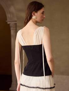 MOTF PREMIUM BLUSA AJUSTADA CON PLIEGUES DE COLOR CONTRASTANTE PARA MUJER - Negro - Ver 3