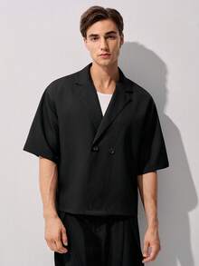 RONVEXI 男士纯色简约休闲短袖衬衫 - 黑色 - 查看 3