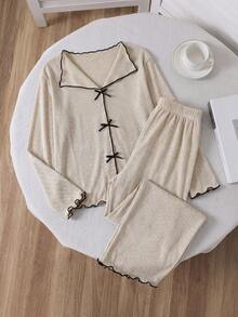 Beige,Summer,Cute,Family Matching,Graduation Teen Girls' Contrast Trim Pajama Set,3D Bow Collar Ribbed Texture Outfit,Comfortable Fall&Winter Gift - Apricot - View 4