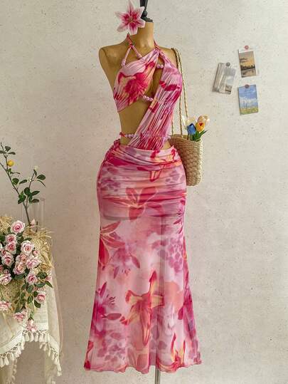 Soleia Women's Romantic Vacation Fuchsia Floral Print Pleated Beaded Hollow Halter Maxi Dress, Casual, Date, Valentine's Day, Afternoon Tea, Beach, Cruise, Island Resort, Brunch, City Vacation, Music Festival, Party, Boho, Hippie, Western, Versatile, All Season