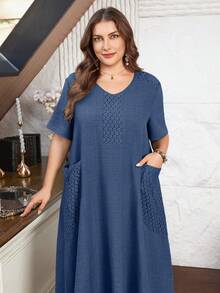 Lacomfia Plus Size Women Lace Patchwork Linen-Like Casual Everyday Dress - Blue - View 3