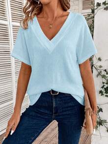 SHEIN LUNE Kaos Kasual Polos Lengan Kelelawar, Serbaguna untuk Musim Panas Sehari-hari, Biru Muda - Baby Blue - View 5