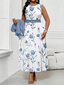 SHEIN Lady Đầm công sở màu tím và trắng thanh lịch, kín đáo, cỡ lớn, cổ tròn, kiểu dáng sang trọng dành cho nữ. - Xanh và trắng - Xem 3