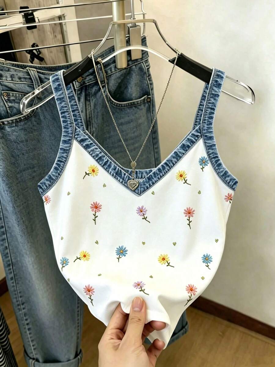 Resyla 女款數位花卉刺繡V領細肩帶背心 - 彩色 - 查看 1