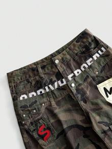 ROMWE MEN Men's Loose Fit Embroidered Camo Denim Shorts - Army Green - View 2