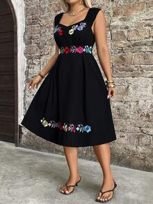 Breezaya Plus Size Floral Embroidery Sleeveless Casual Boho Vacation Dress Black Summer - Multicolor - View 3