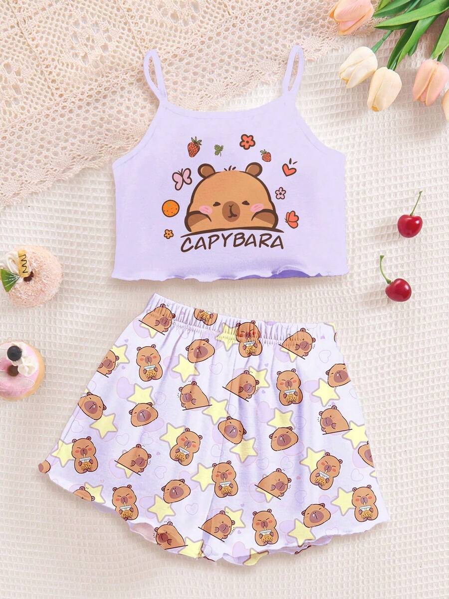 Setelan Atasan Camisole dan Celana Pendek Motif Bintang Capybara Kartun Lucu Warna Krem Ungu, Gaya Minimalis Kasual untuk Anak Perempuan, Cocok untuk Musim Panas - MultiWarna - View 1