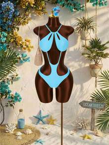 Amplova Women's One-Piece Swimsuit With Cutout Details, Sexy Tropical Avant-Garde, Suitable For Holiday Wear Bathing Suits For Women Beach Vacation Light Blue - Blue - View 7