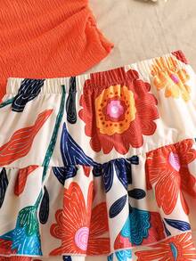 Teenage Girls Two Pieces Set,Casual,Elegant,Cute,Parties,Vacation,Green,Orange Knitted Jacquard Pullover Vest And Double-Layer Cake Skirt Summer - Multicolor - View 6
