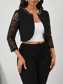 SHEIN Lady Women's Elegant Lace Patchwork Sheer Long Sleeve Lightweight Cropped Jacket With Faux Pearl Decor, Suitable For Spring, Summer And Autumn, Versatile For Work And Commute - Black - View 6