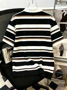 Manfinity Joysei Men's Casual Striped Button Collar Polo Shirt, Suitable For Spring/Summer, School, Outings, World Cup - Black - View 2