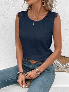 SHEIN Frenchy Women's Lace Textured Shoulder Blouse Elegant - Navy Blue - View 6