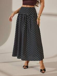 SHEIN Tall Women's Black Polka Dot Long Fitted Midi Skirt, Autumn Boho Vacation Holiday Resort Collection, Casual Street Style Wedding Guest Attire, Tall Women - Black - View 4