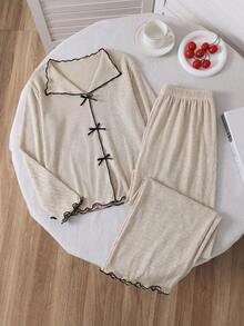 Beige,Summer,Cute,Family Matching,Graduation Teen Girls' Contrast Trim Pajama Set,3D Bow Collar Ribbed Texture Outfit,Comfortable Fall&Winter Gift - Apricot - View 1