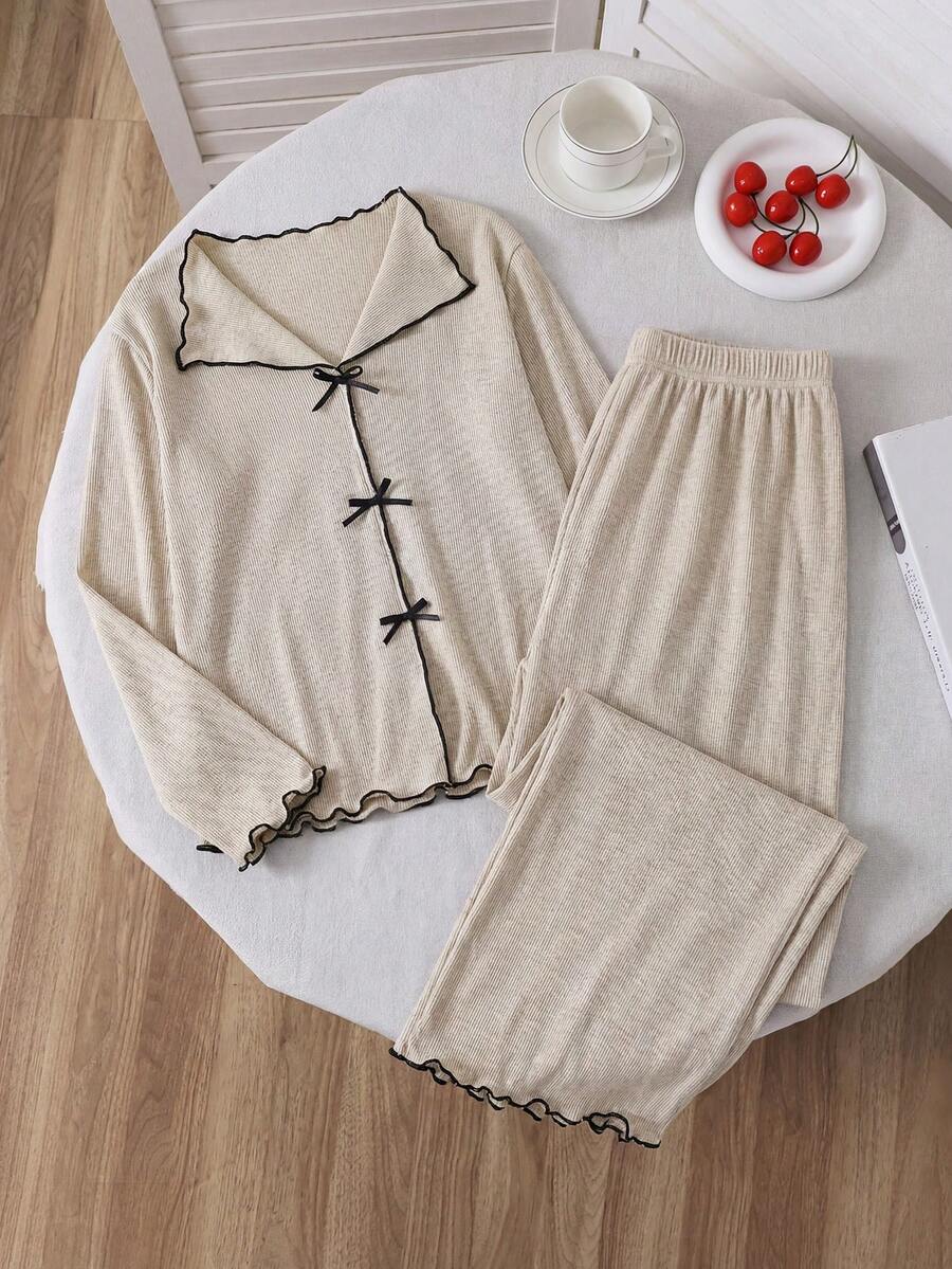 Beige,Summer,Cute,Family Matching,Graduation Teen Girls' Contrast Trim Pajama Set,3D Bow Collar Ribbed Texture Outfit,Comfortable Fall&Winter Gift - Apricot - View 1
