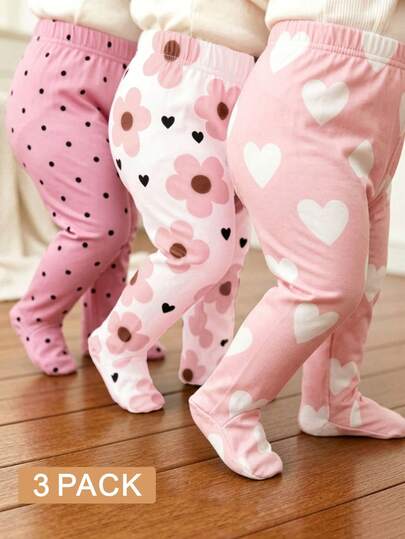 SHEIN Bộ 3 món quần liền thân dễ thương cho bé gái sơ sinh, màu trơn + hoa + họa tiết nhỏ, bộ đồ liền thân giữ ấm chân cho bé mùa xuân/thu.