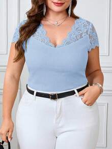 SHEIN Clasi Plus Size Women Elegant Solid Color Lace Patchwork T-Shirt Dates Formal Baby Blue Summer - Baby Blue - View 4