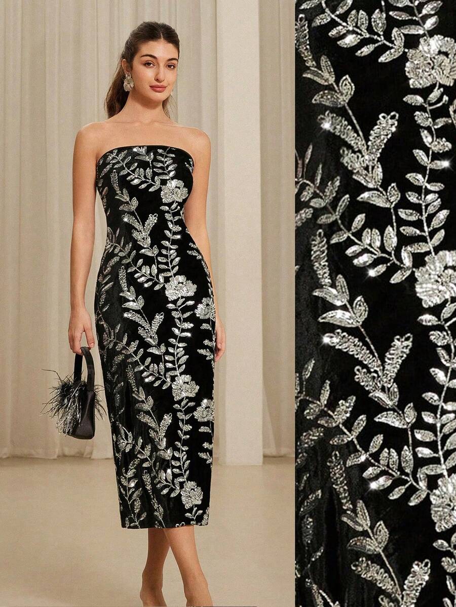 BELROSIE Party Dinner Elegant Romantic Velvet Bustier Bodycon Sequin Dress For Women, Flattering Fit, Suitable For Spring Summer, Wedding Black And Silver - Multicolor - View 1