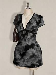 SHEIN ICON Plus Size Women Bowknot Decor Tie-Dye Print Short Sleeve Fashionable Dress - Multicolor - View 5