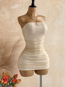 Soleia Party Gold Sequin Sheer Asymmetric Shoulder Loose Top & Ruched Hem Bodycon Mini Dress 2 Piece Set,Light Beige,Summer,Boho,Beach Vacation,Holiday - Gold - View 5