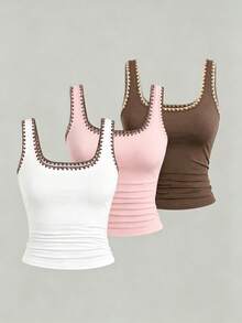 Teen Girls' Minimalist Casual Square Neck Camisole,3PCE Pink,White,Brown,Summer Vacation Essential,Relaxed Comfortable Basic Style,Daily Fashion Wear - Grey - View 2